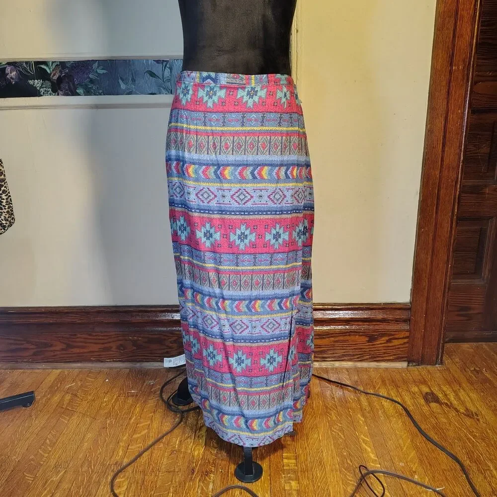 Southwestern Aztec Geometric Print Maxi Skirt 100%Rayon Western Sz M/L(T641)